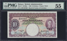 MALAYA. Board of Commissioners of Currency Malaya. 10 Dollars, 1940. P-1. KNB5a. PMG About Uncirculated 55.
Serial number A/30 027663. Purple and mul...
