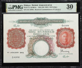 MALAYA. Board of Commissioners of Currency Malaya. 100 Dollars, 1942 (ND 1945). P-15. KNB15a. PMG Very Fine 30.
KNB15a, serial number A/5 41982. This...