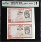MALAYSIA. Lot of (2). Bank Negara Malaysia. 10 Ringgit, ND (1967-81). P-15r1. KNB15. Remainder. Printing Remnants. PMG Choice Uncirculated 64.
2 piec...