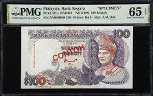 MALAYSIA. Bank Negara Malaysia. 100 Ringgit, ND (1988). P-32Cs. KNB43S. Specimen. PMG Gem Uncirculated 65 EPQ.
Printed by H & S. A 100 Ringgit specim...
