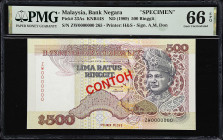MALAYSIA. Bank Negara Malaysia. 500 Ringgit, ND (1989). P-33As. KNB44S. Specimen. PMG Gem Uncirculated 66 EPQ.
Printed by H & S. Specimen. A vibrantl...