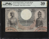 NETHERLANDS INDIES. Javasche Bank. 50 Gulden, 1939. P-81. PMG Very Fine 30.
Radar serial number MK04840. Javanese dancers at left and right. A modera...
