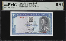 RHODESIA. Reserve Bank of Rhodesia. 10 Shillings, 1968. P-27b. PMG Superb Gem Uncirculated 68 EPQ.
Serial number L/17 803078. A marvelous high grade ...