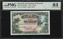 SARAWAK. Government of Sarawak. 1 Dollar, 1935. P-20. KNB27. PMG Choice Uncirculated 64.
The note retains brilliant color and appeal throughout while...