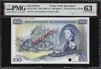 SEYCHELLES. Government of Seychelles. 100 Rupees, ND (1968-75). P-18cts. Color Trial Specimen. PMG Choice Uncirculated 63.
Specimen number 45. An rar...
