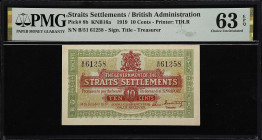 STRAITS SETTLEMENTS. Government of the Straits Settlements. 10 Cents, 1919. P-8b. PMG Choice Uncirculated 63 EPQ.
Serial number B/51 61258. A choice ...