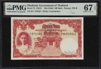 THAILAND. Government of Thailand. 100 Baht, ND (1948). P-73. TB131. PMG Superb Gem Uncirculated 67 EPQ.
Serial number B/1 370165. Red on pale orange,...