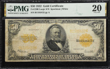 UNITED STATES. Gold Certificate. 50 Dollars, 1922. P-276. Fr#1200. Large Serial Numbers. PMG Very Fine 20.
Serial number B1185433. Ulysses Grant at c...