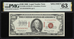 UNITED STATES. United States Treasury. $100, 1966. Fr#1550s. Specimen. PMG Choice Uncirculated 63.
Serial number H12345678G, signed by Granahan-Fowle...