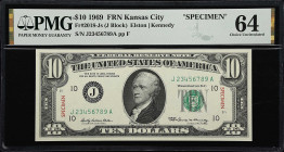 UNITED STATES. United States Treasury. $10, 1969. Fr#2018-Js. Specimen. PMG Choice Uncirculated 64.
Kansas City, serial number J23456789A. Alexander ...