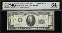 UNITED STATES. United States Treasury. $20, 1969. Fr#2067-Fs. Specimen. PMG Choice Uncirculated 64.
Atlanta, serial number F23456789A. Andrew Jackson...