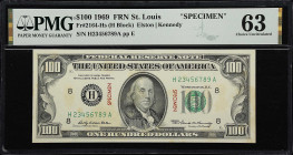 UNITED STATES. United States Treasury. $100, 1969. Fr#2164-Hs. Specimen. PMG Choice Uncirculated 63.
St. Louis, serial number H23456789A. Benjamin Fr...