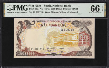 VIETNAM, SOUTH. National Bank of Vietnam. 5000 Dong, ND (1975). P-35a. PMG Gem Uncirculated 66 EPQ.
A popular high denomination TDLR note. Roaring pr...