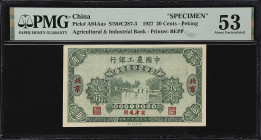 CHINA--REPUBLIC. Agricultural & Industrial Bank. 20 Cents, 1927. P-A94Aas. S/M#C287-3. Specimen. PMG About Uncirculated 53.
PMG Comments "Small Tear....
