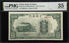 (t) CHINA--REPUBLIC. Bank of China. 50 Yuan, 1942. P-98. S/M#C294-270. PMG Choice Very Fine 35.
Serial number H802144. Green, steam locomotive at cen...
