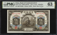 (t) CHINA--REPUBLIC. Bank of Communications. 5 Yuan, 1914. P-117n. PMG Choice Uncirculated 63.

Estimate: $75.00- $125.00

民國三年交通銀行伍圓。
上海地名。...