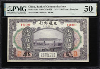 CHINA--REPUBLIC. Bank of Communications. 100 Yuan, 1914. P-120c. S/M#C126-126. PMG About Uncirculated 50.
Shanghai, serial number 141000. Purple and ...