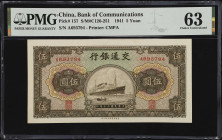 (t) CHINA--REPUBLIC. Bank of Communications. 5 Yuan, 1941. P-157. PMG Choice Uncirculated 63.

Estimate: $75.00- $150.00

民國三十年交通銀行伍圓。
 (t) On Se...