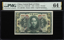 CHINA--REPUBLIC. Central Bank of China. 1 Dollar, 1923. P-171e. S/M#C305. PMG Choice Uncirculated 64.
Swatow. Serial number A907305. A nice note with...