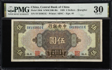 (t) CHINA--REPUBLIC. Central Bank of China. 5 Dollars, 1928. P-196d. S/M#C300-40c. PMG Very Fine 30.
Shanghai. Serial number SV193851E. By far the mo...