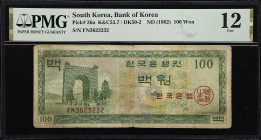 KOREA, SOUTH. Lot of (4). Bank of Korea. 100 & 1000 Won, 1953-64 & ND (1962). P-10b, 35c, & 36a. K&C52.2, 53.7, & 53.8. PMG Fine 12 to Choice Uncircul...