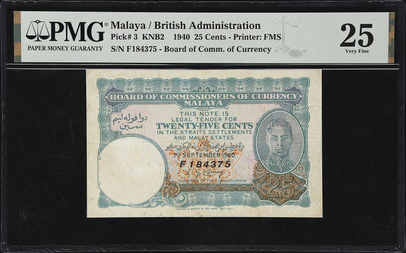 MALAYA. Board of Commissioners of Currency. 25 Cents, 1940. P-3. KNB2. PMG Very ...