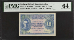 MALAYA. Board of Commissioners of Currency Malaya. 10 Cents, 1941 (ND 1945). P-8a. PMG Choice Uncirculated 64.

Estimate: $50.00- $100.00