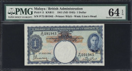 MALAYA. Board of Commissioners of Currency Malaya. 1 Dollar, 1941 (ND 1945). P-11. KNB11. PMG Choice Uncirculated 64 EPQ.

Estimate: $200.00- $400.0...