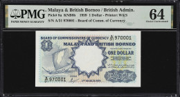 MALAYA AND BRITISH BORNEO. Board of Commissioners of Currency. 1 Dollar, 1959. P-8A. PMG Choice Uncirculated 64.
Serial number A/31 970001. Printed b...