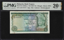 MALAYSIA. Bank Negara Malaysia. 5 Ringgit, ND (1967-72). P-2b. KNB2a-b. Solid Number 7. PMG Very Fine 20 Net.
Serial number A/10 777777. PMG Comments...