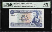 MAURITIUS. Lot of (2). Bank of Mauritius. 5 & 10 Rupees, ND (1967). P-30a & 31a. Low Serial Numbers. PMG Gem Uncirculated 65 EPQ.
Both bear the first...