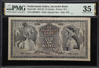 NETHERLANDS INDIES. Lot of (2). Javasche Bank & Imperial Japanese Government. 5 Roepiah & 25 Gulden, 1938 & ND (1944). P-80b & 130a. PMG Choice Very F...