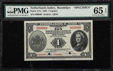 NETHERLANDS INDIES. Javasche Bank. 1 Gulden, 1943. P-111s. Specimen. PMG Gem Uncirculated 65 EPQ.
Serial number 000000. Black, Queen Wilhelmina at ri...