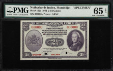 NETHERLANDS INDIES. Javasche Bank. 2-1/2 Gulden, 1943. P-112s. Specimen. PMG Gem Uncirculated 65 EPQ.
Serial number 000000. Purple, Queen Wilhelmina ...
