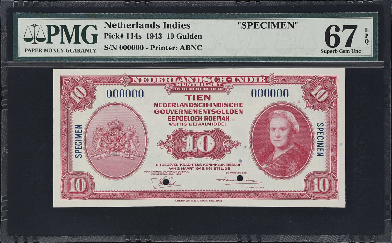 NETHERLANDS INDIES. Muntbiljet. 10 Gulden, 1943. P-114s. Specimen. PMG Superb Ge...
