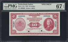 NETHERLANDS INDIES. Muntbiljet. 10 Gulden, 1943. P-114s. Specimen. PMG Superb Gem Uncirculated 67 EPQ.
Serial number 000000. Red, Queen Wilhemina at ...