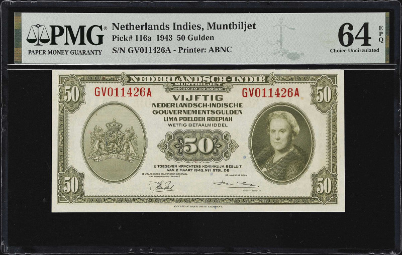 NETHERLANDS INDIES. Javasche Bank. 50 Gulden, 1943. P-116a. PMG Choice Uncircula...