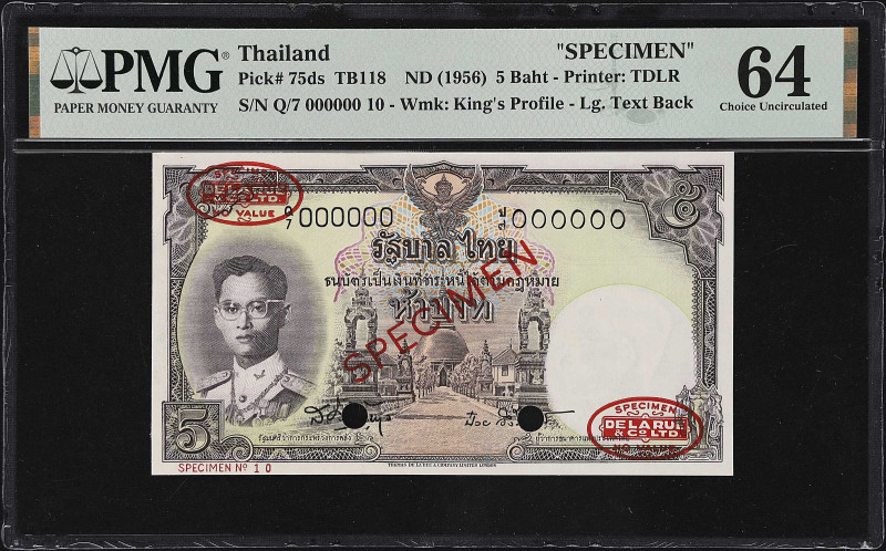 THAILAND. Government of Thailand. 5 Baht, ND (1956). P-75ds. TB118. Specimen. PM...