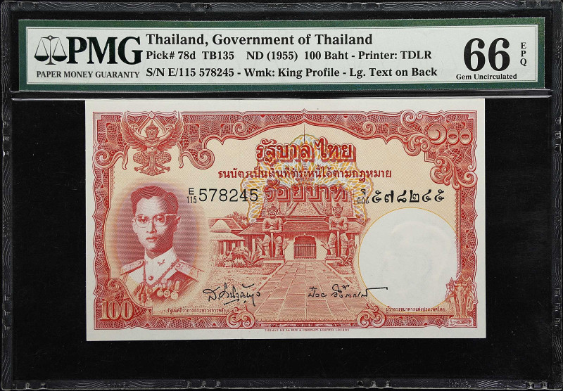 THAILAND. Government of Thailand. 100 Baht, ND (1955). P-78d. TB135. PMG Gem Unc...