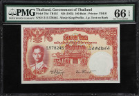 THAILAND. Government of Thailand. 100 Baht, ND (1955). P-78d. TB135. PMG Gem Uncirculated 66 EPQ.
Serial number E/115 578245. Red and multicolour, Ra...