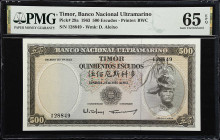 TIMOR. Banco Nacional Ultramarino. 500 Escudos, 1963. P-29a. PMG Gem Uncirculated 65 EPQ.
Serial number 128849. Brown on multicolour, Regulo D. Alexi...