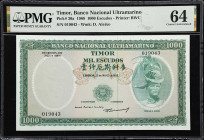 TIMOR. Banco Nacional Ultramarino. 1000 Escudos, 1968. P-30a. PMG Choice Uncirculated 64.
Serial number 019043. Green and multicolour, Regulo D. Alex...