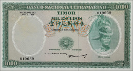 (t) TIMOR. Banco Nacional Ultramarino. 1000 Escudos, 1968. P-30a(4).
Serial number 019639. Uncirculated with a light patch of toning in the watermark...