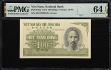 VIETNAM. National Bank of Vietnam. 100 Dong, 1951. P-62a. PMG Choice Uncirculated 64 EPQ.
Serial number AB07824549. Green and black, Ho Chi Minh at r...