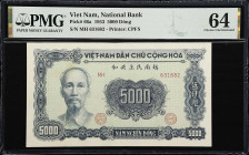 VIETNAM. National Bank of Vietnam. 5000 Dong, 1953. P-66a. PMG Choice Uncirculated 64.
Serial number MH631682. Blue on blue-green, Ho Chi Minh at lef...