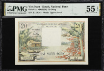 VIETNAM, SOUTH. National Bank of Vietnam. 20 Dong, ND (1956). P-4a. PMG About Uncirculated 55 EPQ.
Serial number Z.1 18283. Multicolour, thatched hut...