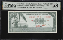 VIETNAM, SOUTH. Ngan Hang Quoc Gia Viet Nam. 200 Dong, ND (1955). P-14s. Specimen. PMG Choice About Uncirculated 58.

Estimate: $150.00- $250.00