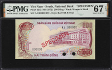 VIETNAM, SOUTH. National Bank of Vietnam. 200 Dong, ND (1972). P-32s2. Specimen. PMG Superb Gem Uncirculated 67 EPQ.
Purple-red, modern building at r...
