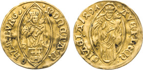 HAMBURG
Hamburgische Prägungen in Gold
Dukat 1497 o. Mzz. Die gekrönte Madonna mit Heiligenschein und Kind auf Stadtburg in doppeltem Spitzoval. Rs....