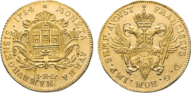 HAMBURG
Hamburgische Prägungen in Gold
Doppeldukat 1754. Titel Franz I. Mzz. I...